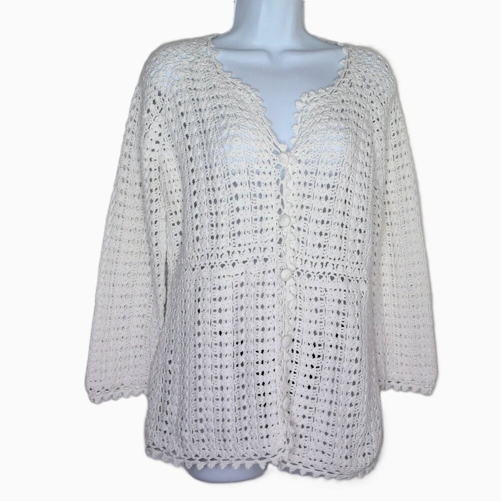 Liz Claiborne Crochet Cardigan Soft White 3/4 Sleeve Cottagecore Coastal Boho M